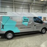 Branded company van with custom fleet graphics designed to generate leads